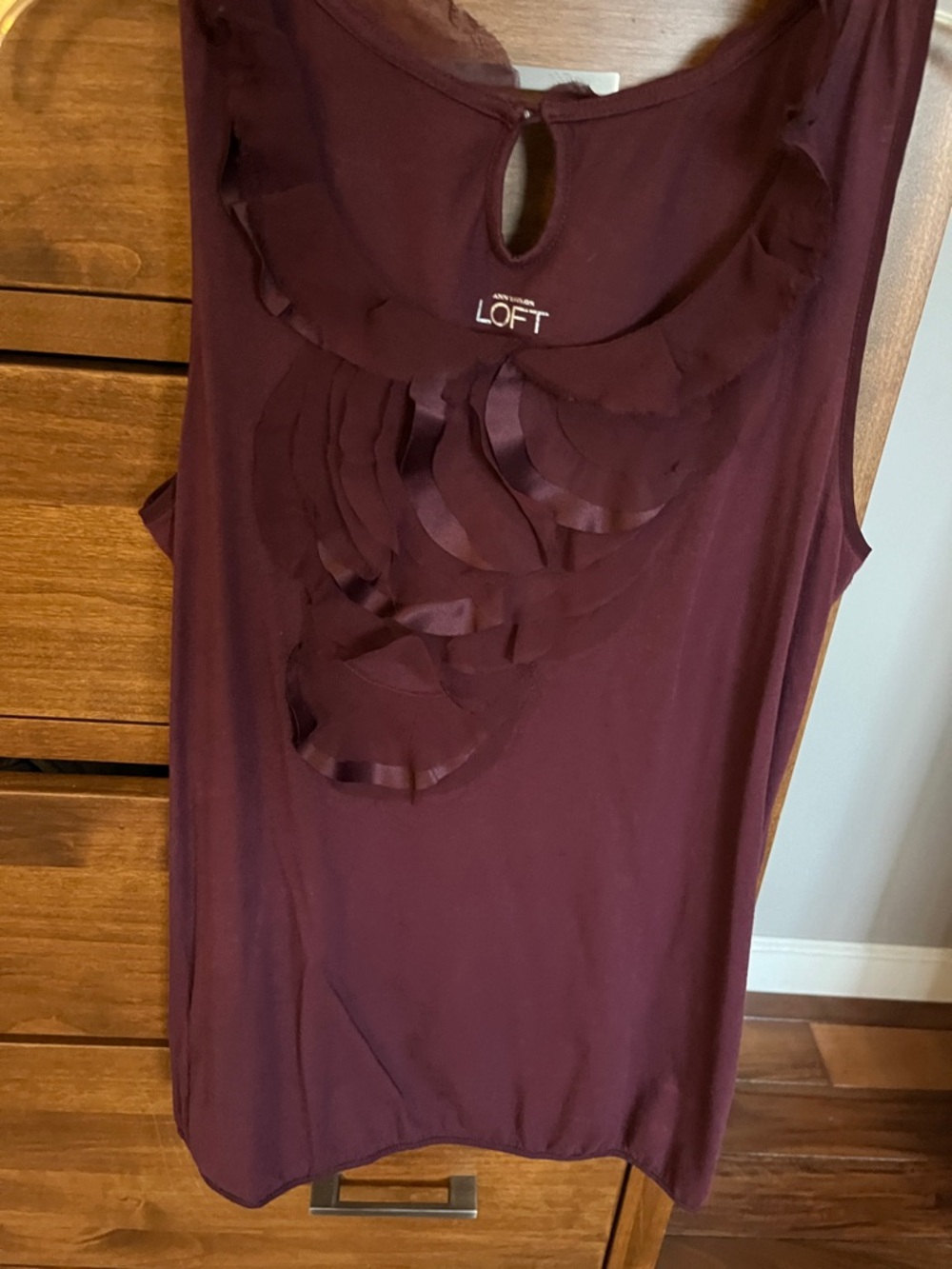 LOFT Plum Sleeveless Ruffle Front Tank -Burgundy